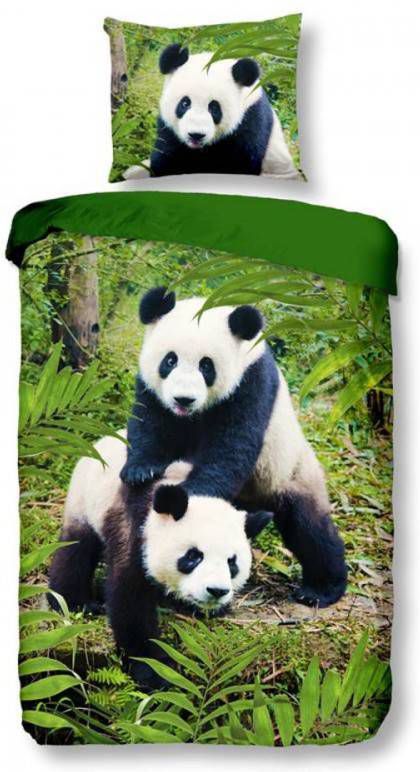 Snoozing Pandas Dekbedovertrek 100% Katoen 1 persoons(140x200/220 Cm + 1 Sloop) 1 Stuk(60x70 Cm) Groen