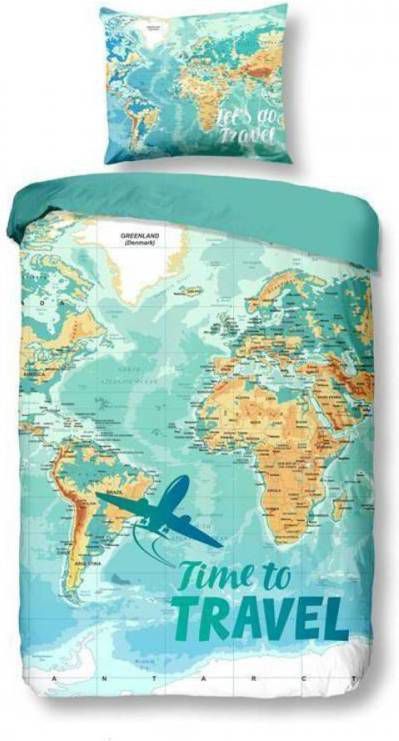 Snoozing Worldmap Dekbedovertrek 100% Katoen 1 persoons(140x200/220 Cm + 1 Sloop) 1 Stuk(60x70 Cm) Groen