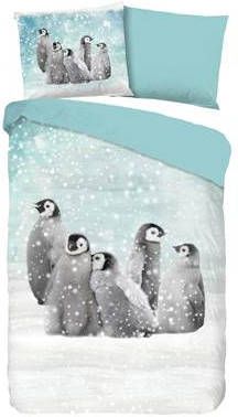 Good Morning kinderdekbedovertrek Flanel Pengu blauw 140x200 cm Leen Bakker