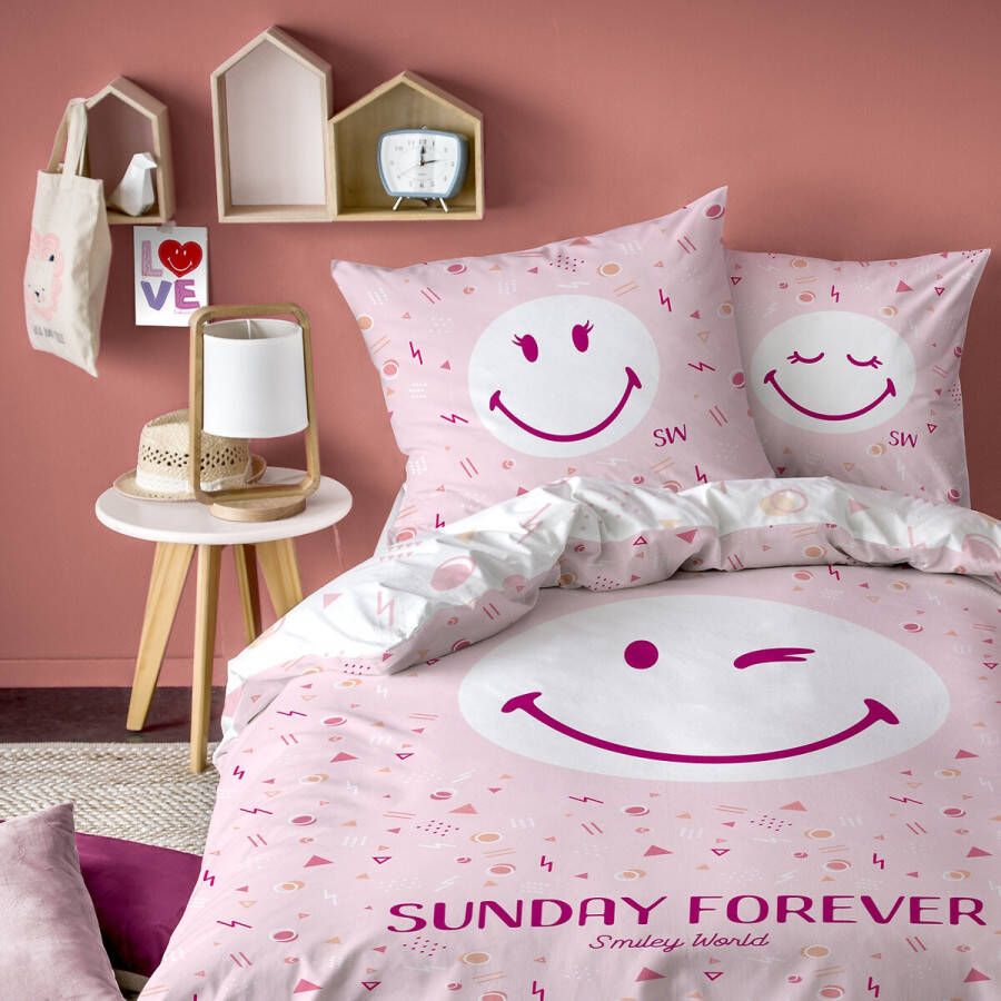 Smiley World Sunday Dekbedovertrek Eenpersoons 140 x 200 cm Roze