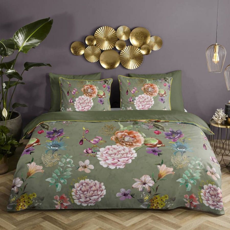 Descanso Parma Dekbedovertrek 1 persoons(140x200/220 Cm + 1 Sloop) Katoen Satijn Olijf