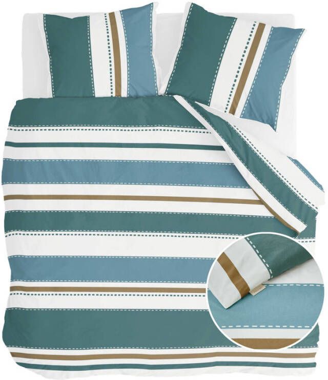 Walra dekbedovertrek Stripes and stitches wit/groen 200x200/220 cm Leen Bakker